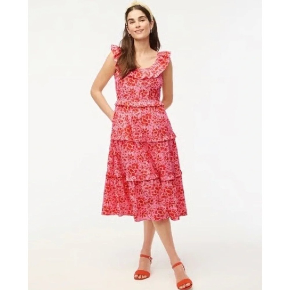 J.Crew Factory Azalea Dress Size 6 Pink Red Ruffle Floral Tiered Cottagecore